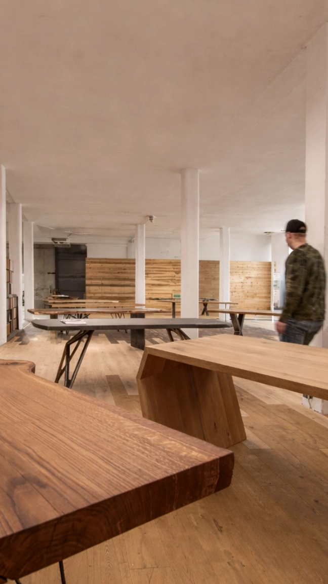 dreikant-showrooms-hallein rohplatten und fertige tische
