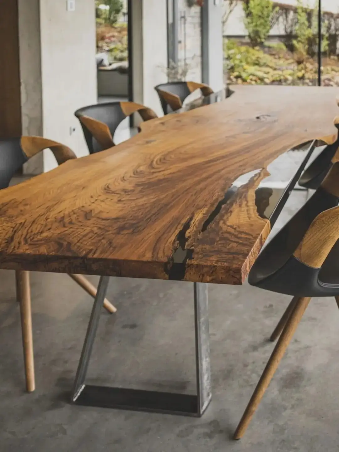 Detailansicht eines Dreikant Epoxidharz-Tisches aus Holz und Harz