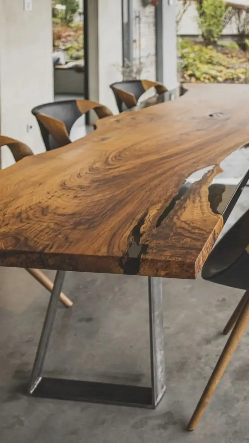 Dreikant Epoxidharz-Tisch aus Holz und Harz, mobile Ansicht